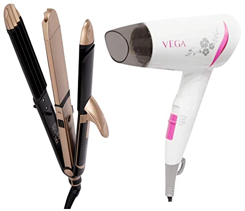 Image of VEGA 3 in 1 Hair Styler, Straightener, Curler & Crimper (VHSCC-01), Black & 1200 Watts Go Style Foldable Hair Dryer With Heat & Cool Setting (VHDH-18), White