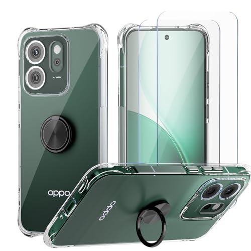 Cover Compatibile con Oppo Reno 14 FS/Reno 14 F 5G, Custodia Trasparente Silicone con Anello Ruotabile Cavalletto Quattro Angoli Anti-Caduta Crystal Clear Case - Anello Nero
