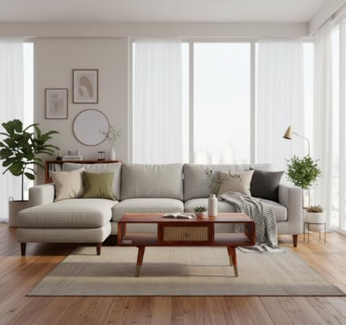Image of DRIFTINGWOOD Amber Solid Sheesham Wood Coffee Table with Rattan Drawer | Mid-Century Center Table for Living Room with Open Storage | Honey Finish
