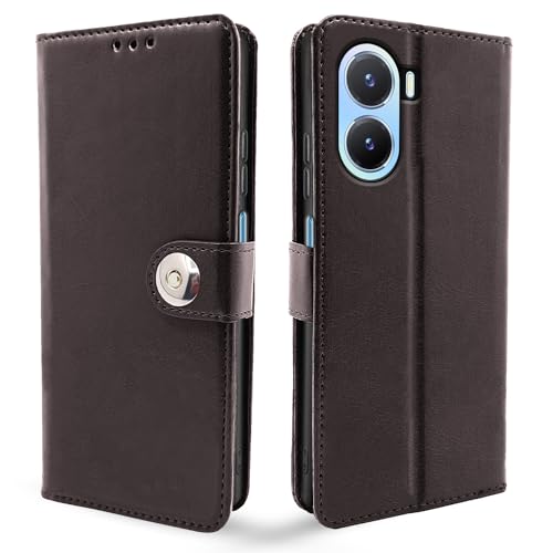 Image of Pikkme Vivo T2X / Y16 / Y56 5G Flip Cover Leather Finish | Inside TPU with Card Pockets | Wallet Stand and Shock Proof | Complete Protection Button Flip Case (Coffee)