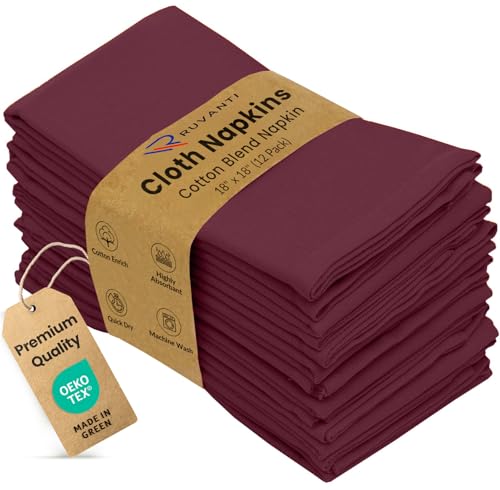 Image of Ruvanti Cloth Napkins Set of 12, 18x18 Inches Napkins Cloth Washable, Soft, Durable, Absorbent, Cotton Blend. Table Dinner Napkins Cloth for Hotel, Weddings, Dinner, Christmas Parties - Burgundy
