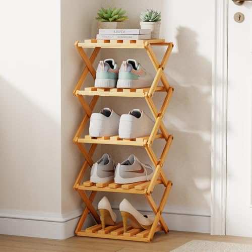 Zapatero plegable de bambú de 5 niveles, pequeño, fácil montaje, vertical, plegable, de madera, almacenamiento para espacios estrechos, estante para zapatos para pasillos, dormitorio, pasillo, esquina