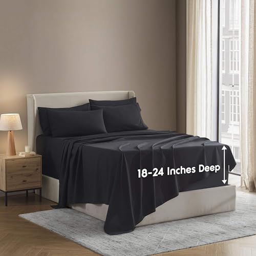 Image of Nestl Extra Deep Full Sheet Set - 6 Piece Breathable & Cooling Sheets - Hotel Luxury Bedding Set w /18-24 Inch Deep Pockets - Easy & Secure Fit - Super Soft, Wrinkle Free & Comfy - Black