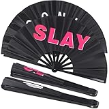 Plzoslly 2 Pack Large Folding Hand Fan Men/Women Rave Fan, Chinese Kung Fu Tai Chi Hand Fan Black Vintage Foldable Hand Fans for Dancing, Festival, Gift, Home Decorations(Iconic & SLAY)
