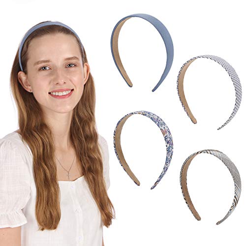 Folora 4pcs Premium 1 Inch Wide Solid Color Floral Plaid Headband Set for Women Girls, Blue-2