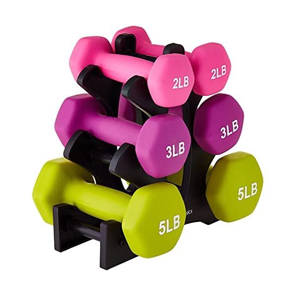 Amazon-Basics-Neoprene-Coated-Dumbbell-Hand-Weight-Set Amazon Basics Neoprene Coated Hexagon Workout Dumbbell Color Coded Hand Weight with Storage Rack, 20 Pounds (3 Pairs set of 2, 3, and 5 Pounds), Multicolor