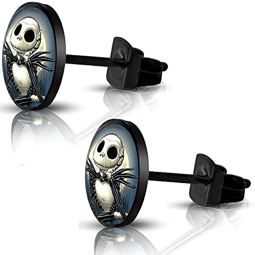SIISPRI 316L Surgical Stainless Steel Halloween Jack Skellington Round Circle Button Stud Post Earrings 10MM