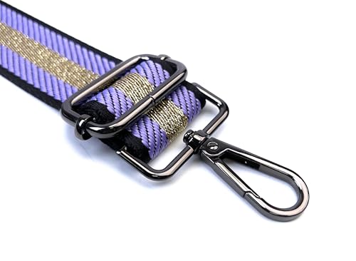 Image of Purple and Gold Thread Stripe Webbing Purse Strap with Gunmetal Black Hardware 1-1 /2 Inch Wide Replacement Crossbody Guitar Style Adjustable Shoulder Strap for Handbags Totes