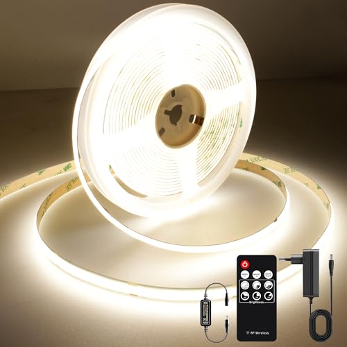 AXMOTUT Striscia LED COB 2 metri 24V, Striscia LED Bianco Naturale 4000K, 320LEDs/m, Larghezza 8mm, CRI90+, con Alimentatore, Telecomando RF, LED Striscia per Cucina, Soggiorno, Feste, Bar