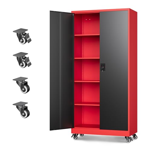 Image of Letaya Metal Garage Storage Cabinets with Lock Door and Adjustable Shelves, Steel Tool Cabinets for Home,Office,Warehouse Organisieren (Black Red, 74.41 inch H)