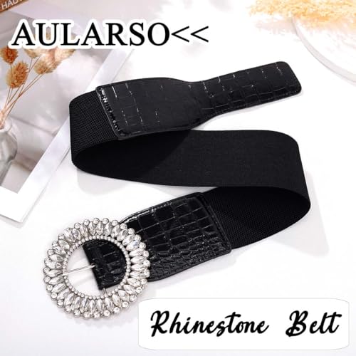 Women Wide Elastic Belt Rhinestone Wide Waist Belt for Dress Fashion Stretchy Waistband for Ladies with Silver Buckle3