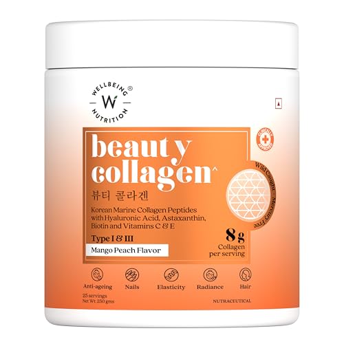 WELLBEING NUTRITION Beauty Korean Marine Collagen Peptides with Hyaluronic Acid, Rosehip, Astaxanthin, Biotin & Vitamins C & E for Hair, Nails, Skin Radiance & Anti-Aging | Mango Peach Flavor - 250g