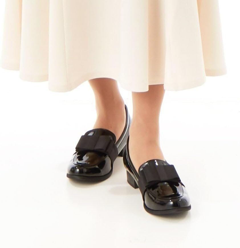 [ヴェリココ] NEW！リボンローファー(3.0cmヒール)［19.5cm～27.0cm］ラクチンきれいシューズ ブラックエナメル調