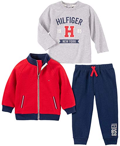Tommy Hilfiger Baby Boys 3 Pieces Jacket Pants Set, Red/Gray/Navy, 6-9 Months