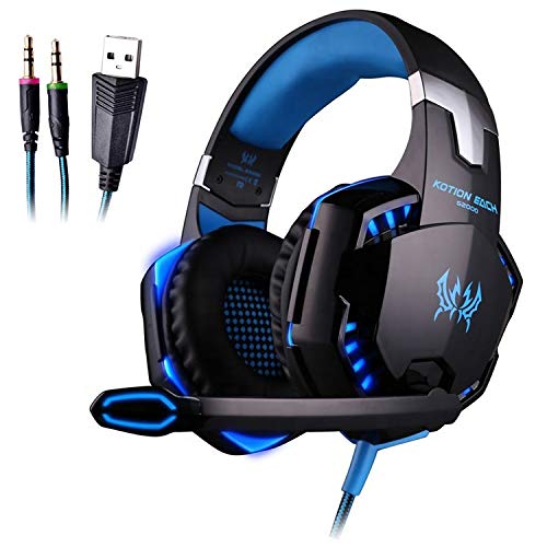 NTECH - Gaming Headset With Mic For PC./.PS4,/X.box-One,/Over-Ear Headphones With Volume Control LED Light Cool Style Stereo, Noise Reduction For (Laptops,/Smartphone,/Computer) - (Black & Blue)