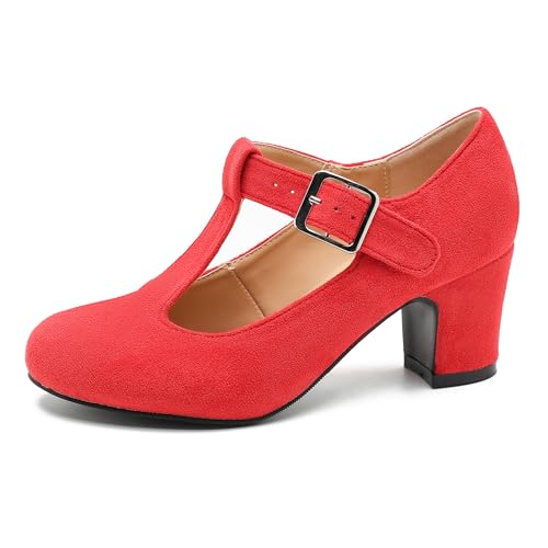 Women's T-Strap Mary Jane Pumps Round Closed Toe Comfortable Low Chunky Block Heel Wedding Dress Evening Party Shoes Red Suede 43-10US