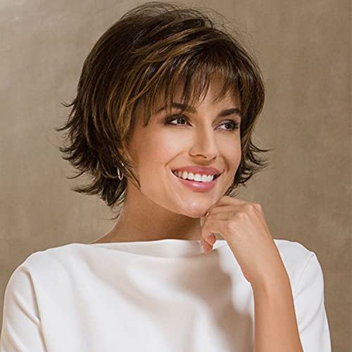 SENHORAS Short Brown Wavy Wigs for White Women Dark Brown Pixie Cut Wig with Highlights Bangs Fluffy Synthetic Natural Real Hair
