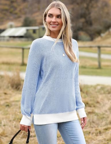Image of Zeagoo Women 2026 Fall Lightweight Oversized Sweater Crew Neck Long Sleeve Color Block Pullover Rib Knit Blouse Tops XS-2XL