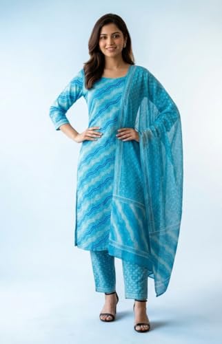 Image of Eddika women unstitched hand block printed cotton suit set with mulmul dupatta ehbpcswmd0120P