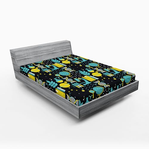 Ambesonne Astronomy 2 Pack Fitted Sheet, Science Pattern Print, Bed Cover All-Round Elastic Deep Pockets 2 Pieces, Package Contains 2 Full Size Fitted Sheets, Turquoise Yellow and Black