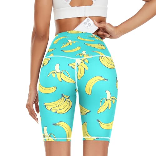 HMZXZ Women's High Waist Yoga Shorts, Tropical Fruit Banana Pattern Workout Sport Running Shorts Cycling Gym Shorts Yoga Leggings for Women Girls Yellow Blue
