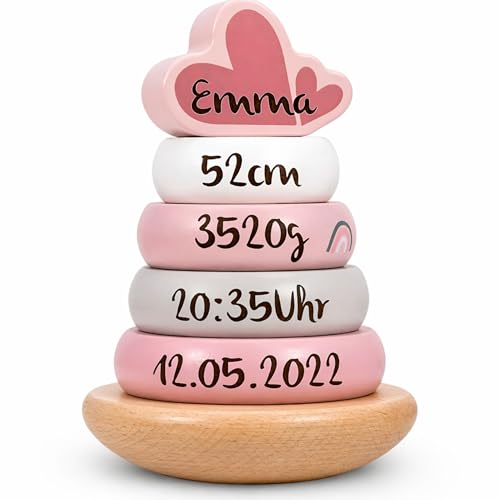 Mainely Personalisierbarer Holz-Stapelturm Rosa – fördert...