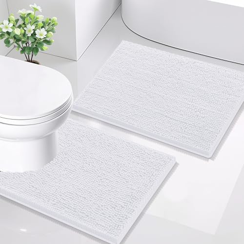 Image of Smiry Bathroom Rugs Set 2 Piece, Soft Absorbent Chenille Bath Mat and U-Shaped Toilet Rug Set, Non Slip Shaggy Bath Carpet for Tub, Shower and Floor (24x16+24x20, White)