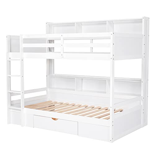 Polibi Twin Over Twin Bunk Bed With Built-In Shelves Beside Both Upper And Down Bed And Storage Drawer, Twin Size Wooden Bunk Bed With Guardrails And Ladder thumb #8