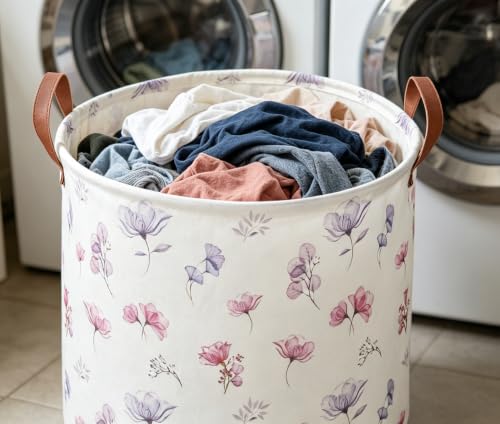 Image of 19.7'' Waterproof Foldable Laundry Basket, Dirty Clothes Hamper, Books Bins, Gift Baskets, Room Decor(Watercolor Flower)