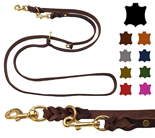 Hundeleine Fettleder Messing kleine Hunde/große Hunde 2m / 2,40m / 2,80m / 3,50m / 5m Doppelleine verstellbar (2m X 8mm, Dunkelbraun)