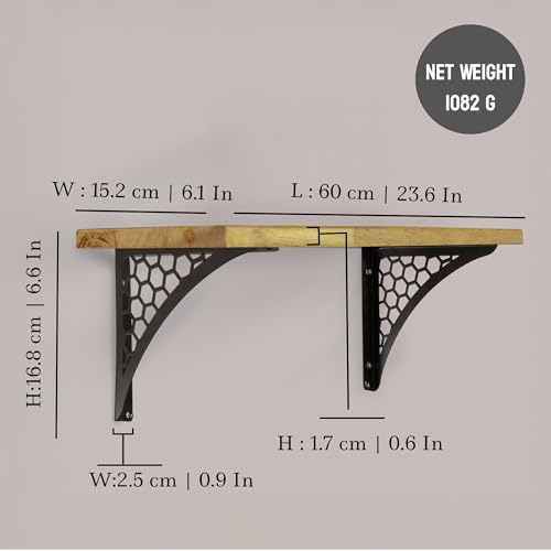 Image of Wall Shelf with Wooden Top Black|White Iron Brackets Storage Rack|Industrial Wall-Mounted Floating Shelf for Living Room,Kitchen,Bathroom (Black Hexagon Large)