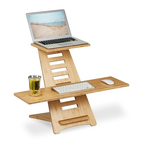 Relaxdays Pupitre Assis-Debout pour Bureau, Bambou, 2 Surfaces, Hauteur réglable, Assis-Debout, Laptop, écran, Nature