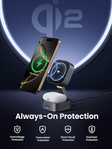 UGREEN MagFlow Qi2 Magnetic Foldable Charging Station, 2-in-1 Fast Wireless Charger Compatible with iPhone 17/17 Air/17 Pro/17 Pro Max 16 15 14 13 12, Airpods3 2 Pro (No AC Adapter), Dark Grey