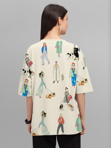 Image of HELLCAT Beige Trendy Printed Oversized T-Shirt for Women