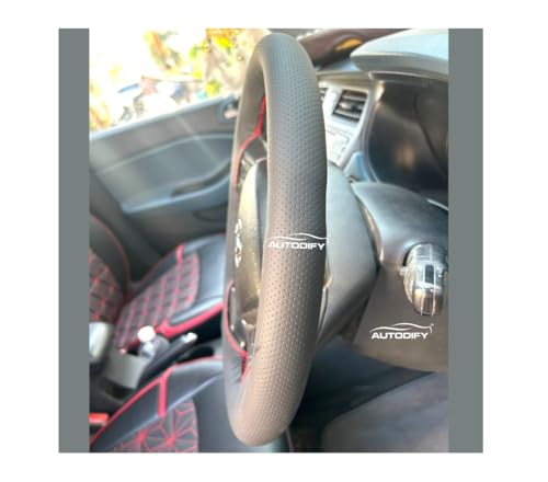 Image of Black with Red Stitch Leather Steering Wheel Cover Universal Fit, Anti-Slip, Breathable, Comfortable Grip, Durable & Stylish for Cars Easy Install Long Lasting ProtectionNon SlipDesign.
