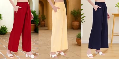 Image of Buy That Trendz Palazzo Pants for Women Rayon Elasticated Regular Fit Flared Wide Leg M to 6XL Pack of 3