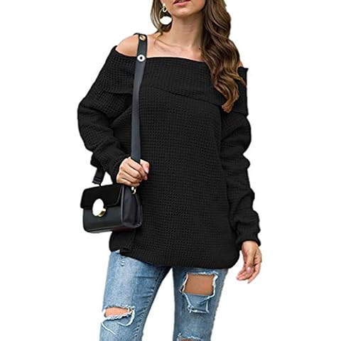Xuan2Xuan3 Women's Off Shoulder Sweaters Oversized Loose Pullover Slouchy Sweater Sexy Knit Jumper Black Cover