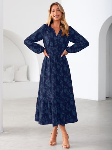 Simplee Women's Boho Floral Long Sleeve Maxi Dress Fall V Neck Empire Waist Swing Flowy Wedding Guest Dress Navy Blue XXL — view 2