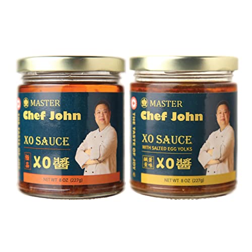 Master Chef John Exquisite XO Sauce, 8 oz 2-Flavor Bundle, Loaded with Umami Flavors of Dried Scallops & Shrimps, All Natural Umami XO Sauce, No Flavor Enhancers, Excellent Addition to Any Dish, Made in Canada (8 oz, 2 count)