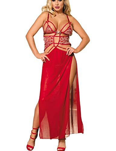 Preisvergleich Produktbild marysgift Spitze Lang Kleider Negligee Nachtmantel Transparent Dessous Babydoll Durchsichtig Nachtwäsche Große Größen Rot 3XL 42 44
