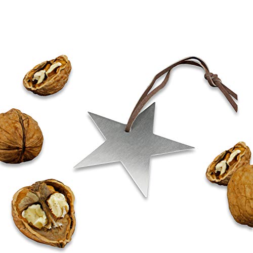 Cascanueces de acero inoxidable auténtico, forma de estrella, incluye correa de cuero, 6,8 x 6,8 cm, envuelto en celofán, ideal como colgante o pequeño regalo.