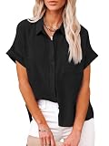 Womens Casual Cotton Linen Button Down Short Sleeve Shirts Solid Summer Beach Blouses Tops with Pocket Black