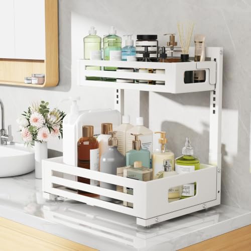 Image of 1 Pack Under Sink Organizer,Pull Out Cabinet Organizer With Smooth Cylindrical Rail,Metal Slide Out Drawer for Kitchen Bathroom Laundry Cabinet,8-Level Tool Free Height Adjustable-White