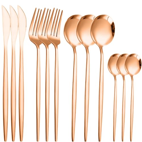 Image of 12 pcs Flatware Set, Rose Gold Silverware Set for 3, Knife Fork Spoon, Stainless Steel Home Dinnerware Tableware,Mixed Cutlery Set Eating Utensils for Restaurants (12 Pcs Rose Gold)