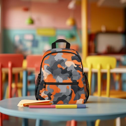 Toddler Backpack for Boys Girls, Orange Grey Black Camo Mini Kids Backpacks with Chest Strap Whistle, Preschool Kindergarten Daypack, Travel Bookbag for Children3