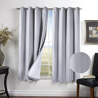 100% Blackout Curtains for Bedroom Silver Grey Textured Linen Faux Eyelet 462IN Light Grey Lined Living Room Darkening Insulated Thermal 2 Panels Window Curtain