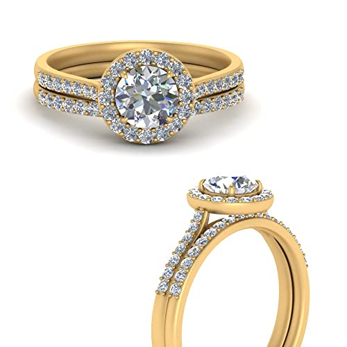Image of Choose Your Gemstone Round Halo Ring with Matching Pave Band Yellow Gold Plated Round Shape Wedding Ring Sets Everyday Jewelry Wedding Jewelry Handmade Gifts for Wife US Size 4 to 12