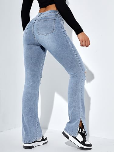 Floerns Women's Flare Leg Ripped Frayed Split Hem High Waist Denim Jeans2