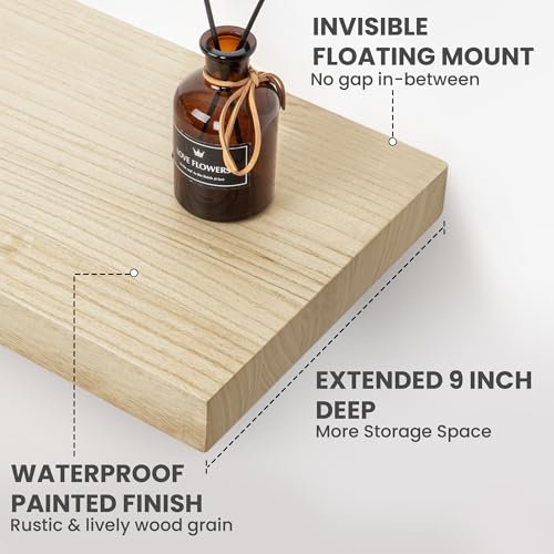 Solid Wood Floating Shelves For Wall, 24”W x 9”D x 1.56”H Large Wall Shelves for Living Room Bedroom Bathroom Kitchen Drcor Storage with Invisible Heavy-Duty Metal Bracket, Natural, Set of 2 - Image 6