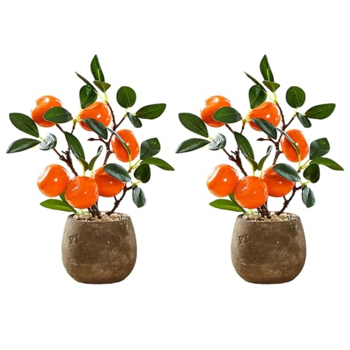 Lovmeety Mini Artificial Potted Tangerine Tree in Pot, Fake Potted Plants Lifelike Tangerine Decorative Fruits for Home Party Office Decoration Table Centerpiece Decoration (2 Pack)